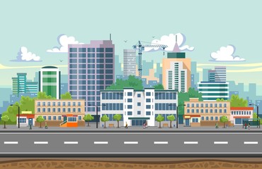 Obraz premium Seamless city landscape vector illustration. Summer city landscape in flat design. Modern city background with Skyscrapers, bus stop, road, trees and city buildings.