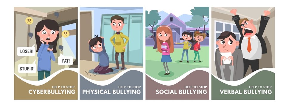 Stop bullying posters set. Bullying types concepts in cartoon style verbal, social, physical, cyberbullying. Bullying at school and in the office. Vector illustration