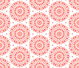 Ornamental Mandala Decoration Pattern. Endless Vector Background. Coral Color.