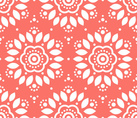 Ornamental Mandala Decoration Pattern. Endless Vector Background. Coral Color.