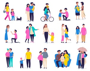 Family leisure and activity. Vector illustration with couples, families with children and friends in flat cartoon style. Parents and children, walking a dog, riding a bike, hugs with friends, family.