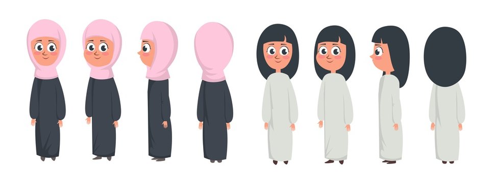 Arab Muslim Cute Girl Character Isolated On White Background Wearing Traditional Clothing Front, Rear, Side View. Vector Girl In Hijab And With Flowing Hair Illustration In Flat Style.