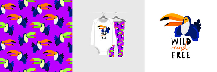 Seamless pattern and illustration for kid with toucan, text Wild and free. Cute design pajamas on hanger. Baby background for clothes, room birthday decor, t-shirt print, wear fashion, invitation card