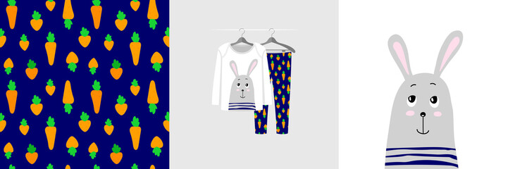 Seamless pattern and illustration for kid with carrot and bunny. Cute design pajamas on hanger. Baby background for clothes, room birthday decor, t-shirt print, wear fashion, invitation card