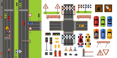 City roads and traffic top view with road signs, transport and racing game elements. Road constructor in flat style. Vector illustration for games, prints etc.