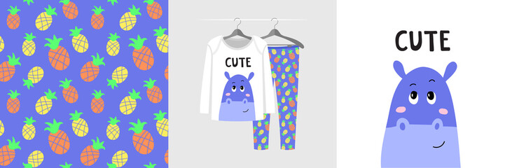 Seamless pattern and illustration for kid with hippopotamus, text Cute. Adorable design on pajamas mockup. Baby background for clothes wear, room decor, t-shirt, baby shower invitation, wrapping