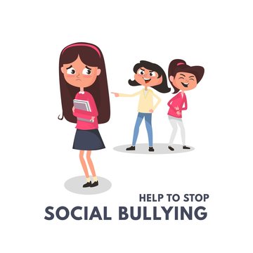 Stop social bullying concepts with bad girls bullying another girl. Kids bullying at school concept. Bullying teenagers cartoon vector illustration.