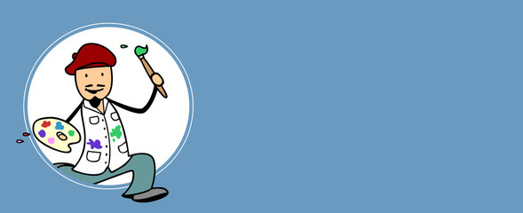 Maler und Künstler rennt mit Pinsel und Farbpalette