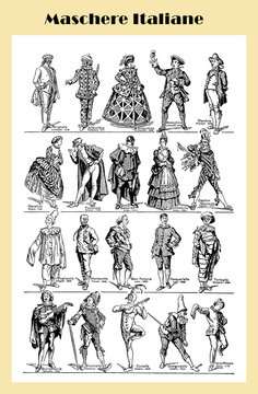 Vintage black and white table: Italian Commedia dell'Arte characters