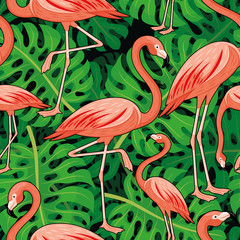 Seamless pattern with tropical leaves and pink flamingos on a dark background.