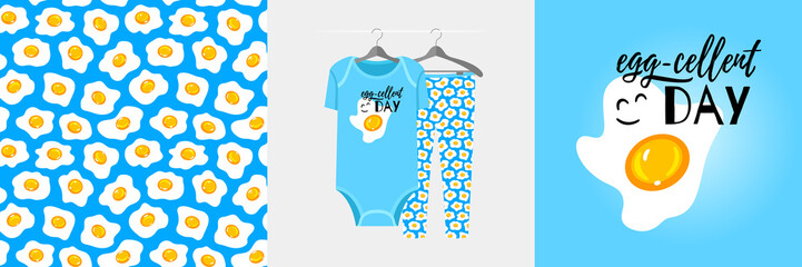 Seamless pattern and illustration for kid with fried egg, text Egg-cellent day. Cute design pajamas on hanger. Baby background for clothes wear fashion, room decor, t-shirt print, baby shower