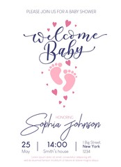 Welcome Baby cute card invitation with lettering and baby footprints. Baby shower card design. Vector illustration - obrazy, fototapety, plakaty