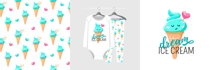 Seamless pattern and illustration for kid with popsicle, text Dream ice cream. Cute design pajamas on hanger. Baby background for fashion clothes wear, room decor, t-shirt print, baby shower, wrapping