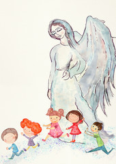 Guardian angel, with children. Watercolor