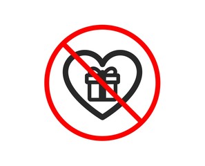 No or Stop. Love Gift box icon. Present or Sale sign. Birthday Shopping symbol. Package in Gift Wrap. Prohibited ban stop symbol. No romantic gift icon. Vector