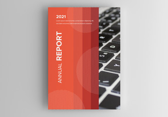 Annual Report Cover Layout with Orange Stripes and a Photo of a Keyboard