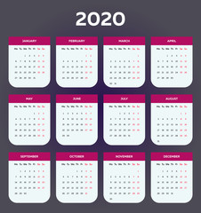 The 2020 calendar template with rounded angled boxes