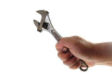 Wrench and hand with white background. Craftsman tool.