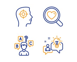 Fototapeta premium Recruitment, Search love and Quiz test icons simple set. Idea sign. Headhunter aim, Dating service, Interview. Solution. People set. Linear recruitment icon. Colorful design set. Vector