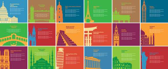 Set of vector banners on the travel theme with different historical sites. Europe, Asia, America. Tourist attractions of the different countries. Bright cards with famous landmarks in flat style © paseven