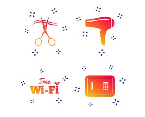 Hotel services icons. Wi-fi, Hairdryer and deposit lock in room signs. Wireless Network. Hairdresser or barbershop symbol. Random dynamic shapes. Gradient wi-fi icon. Vector