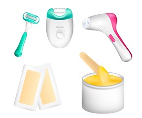 Set of elements on the topic of hair removal. Epilator, sugaring paste, shaving foam, laser epilator, wax epilation, wax, wax heating apparatus. Realistic Vector Illustration