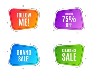 Geometric banners. Get Extra 75% off Sale. Discount offer price sign. Special offer symbol. Save 75 percentages. Follow me banner. Clearance sale. Vector