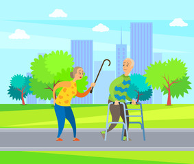 Obraz na płótnie Canvas Elderly male vector, disabled man in green sweater looks back on angry old lady with wooden stick, quarrel between old people in city park with trees