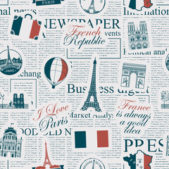 Vector seamless pattern on France and Paris theme with inscriptions, architectural landmarks and flag of French Republic in retro style on the newspaper background. Wallpaper, wrapping paper, fabric © paseven