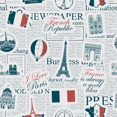 Deurstickers Vector seamless pattern on France and Paris theme with inscriptions, architectural landmarks and flag of French Republic in retro style on the newspaper background. Wallpaper, wrapping paper, fabric © paseven