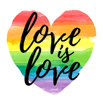 Love is Love lettering on watercolor rainbow spectrum heart shape. Homosexuality emblem isolated on white. LGBT rights concept. Modern parades poster, placard, invitation card, t-shirt  print design.