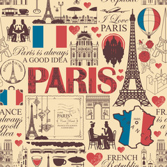 Vector seamless pattern on France and Paris theme with drawings, inscriptions, architectural landmarks, map and flag of French republic in retro style. Can be used as wallpaper, wrapping paper, fabric © paseven