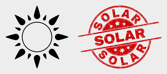 Vector sunshine pictogram and Solar stamp. Red rounded grunge stamp with Solar text. Vector composition for sunshine in flat style. Black isolated sunshine pictogram.