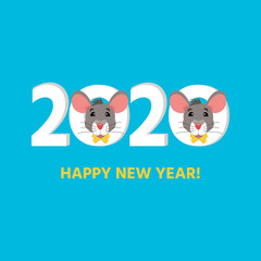 Vector illustration  for Christmas banners, Chinese New Year posters, banner. Symbol 2020 Rat zodiac. Cute mouse and cheese. Animal holidays cartoon character set.