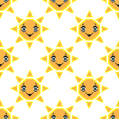 Seamless pattern with smile sun. Pixel art background, vector illustration. Retro game style.