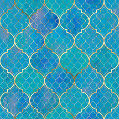 Fototapety  Akwarela abstrakcyjny wzór geometryczny bezszwowe. Płytki arabskie. Efekt kalejdoskopu. Akwarela vintage mozaika tekstury