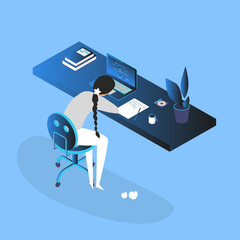 Burnout concept illustration with exhausted female office worker sitting at the table. Frustrated worker, mental health problems. Vector illustration in flat style