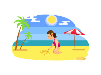 Girl sitting and drawing by stick on beach, smiling child in pink swimsuit and flower in hear, sunny weather, palm tree and parasol, summer vacation vector
