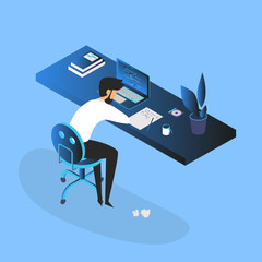 Burnout concept illustration with exhausted young man manager,  office worker sitting at the table. Frustrated worker, mental health problems. Vector illustration in flat style