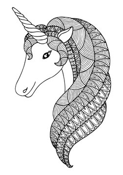 Decorative zentangle unicorn. Vector template for greeting cards, coloring books, print on t-shirt, textile, poster, banner.
