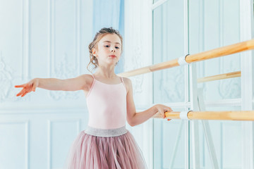 Young classical ballet dancer girl in dance class. Beautiful graceful ballerina practice ballet positions in pink tutu skirt near large mirror in white light hall