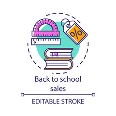 Back to school discount sales concept icon. Stationery items store advertising idea thin line illustration. Seasonal shopping event promotion vector isolated outline drawing. Editable stroke