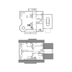 Black and White floor plans of a modern apartment. Vector interior design. Architectural background.