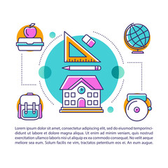 Back to school article page vector template. Pupils life. Brochure, magazine, booklet design element with linear icons and text boxes. Print design. Concept illustrations with text space