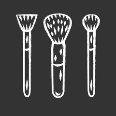 Cosmetic accessories, makeup tools chalk icons set. Feminine fashion, beautician equipment. Beauty shop products isolated vector chalkboard illustrations. Powder, foundation and concealer brushes