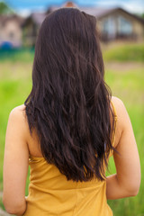 Female brunette hair, rear view, summer park