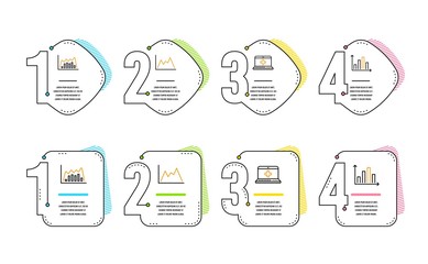 Diagram, Medical help and Infographic graph icons simple set. Diagram graph sign. Medicine laptop, Presentation chart. Science set. Infographic timeline. Line diagram icon. 4 options or steps. Vector
