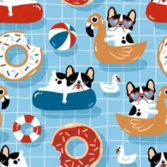 Sierkussen Naadloze vector patroon met schattige honden met zwembad drijft in een zwembad. © MirabellePrint