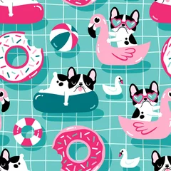 Wallpaper murals Dogs Seamless vector pattern with cute dogs with pool floats in a swimming pool.