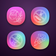 No sugar organic products app icons set. Dietary food healthy eating. UI/UX user interface. Glucose free and low carbs keto diet. Web or mobile applications. Vector isolated illustrations